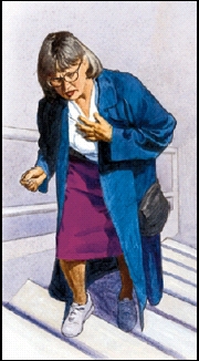 woman climbing steps clutching chest